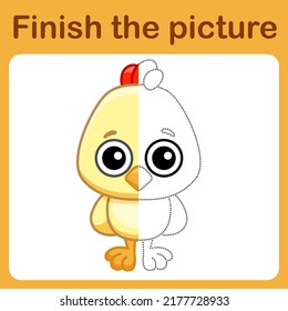 Connect the dot and complete the picture. Simple coloring book of chicken. Drawing game for children