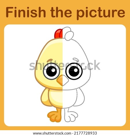 Connect the dot and complete the picture. Simple coloring book of chicken. Drawing game for children