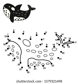 Connect the dot to draw  a cute orca. Numbers educational game for kids. Aquatic animals rebus. Vector illustration