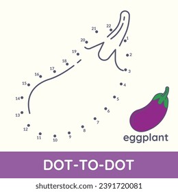 Conectar punto a punto divertido caricatura de juego Ejercicio de Eggplant. Colorear juego educativo para niños y niñas de preescolar. Hoja de trabajo de actividades recreativas de frutas y verduras ilustración vectorial