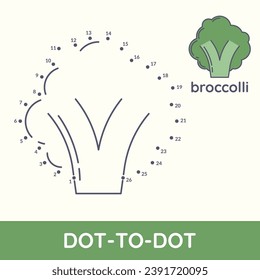 Conectar punto a punto divertido juego de dibujos animados ejercicio de Broccoli. Colorear juego educativo para niños y niñas de preescolar. Hoja de trabajo de actividades recreativas de frutas y verduras ilustración vectorial