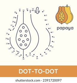 Connect dot to dot fun game cartoon Papaya exercise. Coloring educational game for preschool kids and children. Fruit and vegetable leisure activity worksheet vector illustration