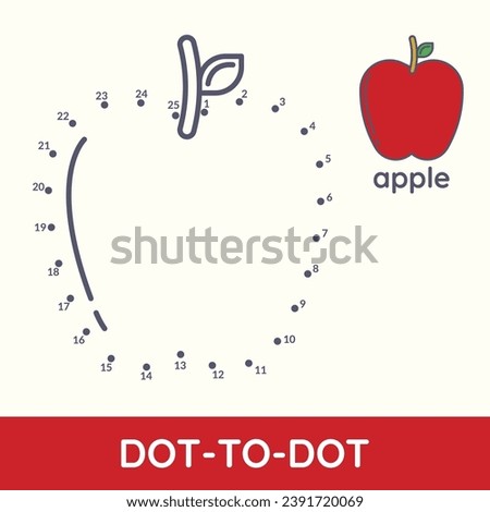 Connect dot to dot fun game cartoon apple exercise. Coloring educational game for preschool kids and children. Fruit and vegetable leisure activity worksheet vector illustration