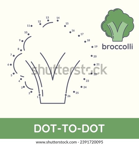 Connect dot to dot fun game cartoon Broccoli exercise. Coloring educational game for preschool kids and children. Fruit and vegetable leisure activity worksheet vector illustration