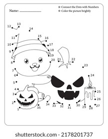 Conectar Punto A Las Páginas De Coloración De Punto De Hojas De Hojas Para Niños. Punto a punto para niños. Páginas de color de Halloween
