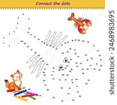 Connect the dots from 1 to 100 and draw the lobster. Trace the line between numbers. Coloring book for kids. Develop counting skills. Logic puzzle game for children. Educational page. Vector image.