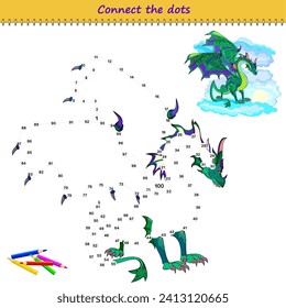Connect the dots from 1 to 100 and draw the dragon. Trace the line between numbers. Coloring book for kids. Develop counting skills. Logic puzzle game for children. Educational page. Vector image.