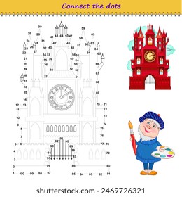 Conecta los puntos del 1 al 100 y dibuja el castillo con puertas y reloj. Rastrear la línea entre los números. Libro para colorear para niños. Desarrollar habilidades de conteo. Juego de rompecabezas de lógica. Página educativa. Imagen de Vector