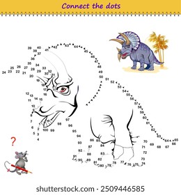 Connect the dots from 1 to 100 and draw the triceratops. Trace the line between numbers. Coloring book for kids. Develop counting skills. Logic puzzle game for children. Educational page. Vector image