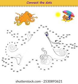 Connect the dots from 1 to 100 and draw the octopus. Trace the line between numbers. Coloring book for kids. Develop counting skills. Logic puzzle game for children. Educational page. Vector image.