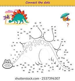 Connect the dots from 1 to 100 and draw the stegosaurus. Trace the line between numbers. Coloring book for kids. Develop counting skills. Logic puzzle game for children. Educational page. Vector image