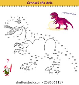 Connect the dots from 1 to 100 and draw the tyrannosaurus. Trace the line between numbers. Coloring book. Develop counting skills. Logic puzzle game for children. Educational page. Vector image.