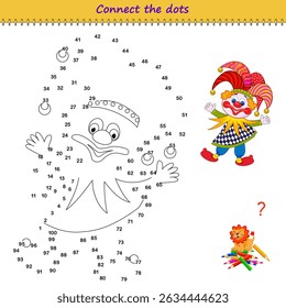 Conecte os pontos de 1 a 100 e desenhe o bonitinho palhaço. Rastrear a linha entre os números. Livro de colorir. Desenvolver habilidades de contagem. Jogo de quebra-cabeça de lógica para crianças. Página educacional. Imagem vetorial.