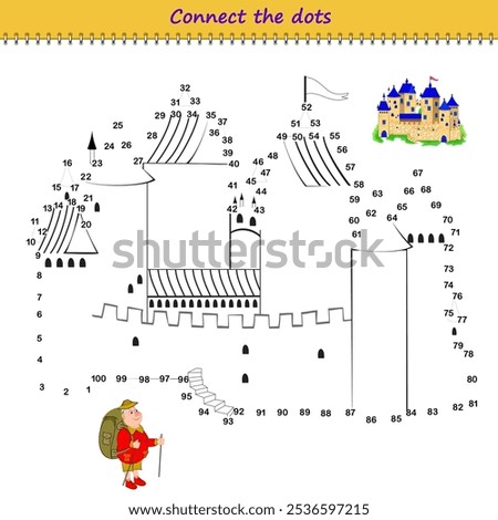 Connect the dots from 1 to 100 and draw the old castle. Trace the line between numbers. Coloring book for kids. Develop counting skills. Logic puzzle game for children. Educational page. Vector image