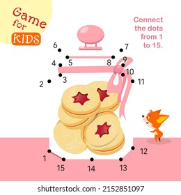 Connect dots from 1 to 15. Educational game for children. Activity page for kids. Vector illustration. Cookies in glass jar. 
