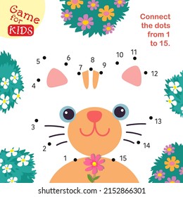Connect dots from 1 to 15. Educational puzzle game. Cute Cat and flowers. Activity page for kids. Vector illustration.