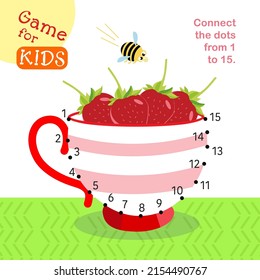 Connect dots from 1 to 15.  Educational children game. Activity page for kids. Vector illustration. Strawberries in cup.