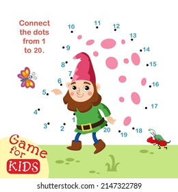 Connect dots from 1 to 20. Educational game. Cute Gnome with mushroom. Activity page for kids. Vector illustration.