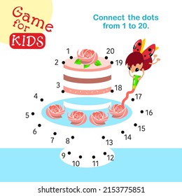 Connect dots from 1 to 20. Educational game. Activity page for kids. Vector illustration. Cake with roses on plate.