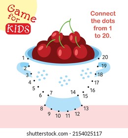 Connect dots from 1 to 20. Educational puzzle game. Activity page, math for kids. Vector illustration. Cherry berries in colander.