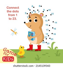 Connect dots from 1 to 23. Educational game. Cute Hedgehog with book. Activity page for kids. Vector illustration.
