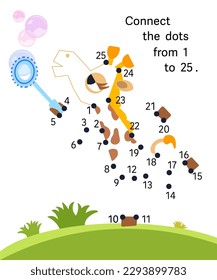 Connect dots from 1 to 25. Educational puzzle game. Math and numbers. Cute giraffe with soap bubbles. Activity page for children. Vector illustration.