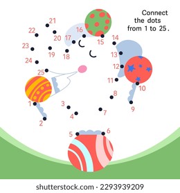 Connect dots from 1 to 25. Educational puzzle game. Math and numbers. Cute elephant with balls in circus. Activity page for children. Vector illustration.