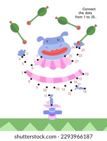 Connect dots from 1 to 25. Educational puzzle game. Math and numbers. Cute Hippo in circus. Activity page for children. Vector illustration.