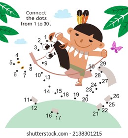 Connect Dots From 1 To 30. Educational Game. Funny Red Indian Boy Rides Horse. Activity Page For Kids. Vector Illustration.