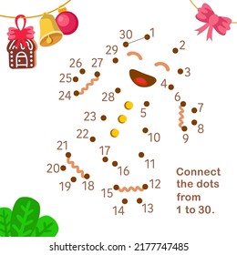 Connect dots from 1 to 30. Educational puzzle game. Christmas gingerbread man. Activity page for kids. Vector illustration.