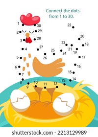 Conecte puntos de 1 a 30. Juego de rompecabezas educativo. Matemáticas y números. Pollo lindo en el nido con huevos. Página de actividades para niños. Ilustración vectorial.