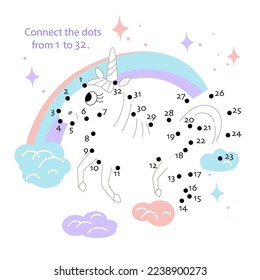 Connect the dots from 1 to 32. Educational puzzle game for kids. Cute unicorn and rainbow for children. Animal horse, pony, cartoon style character. Vector illustration.