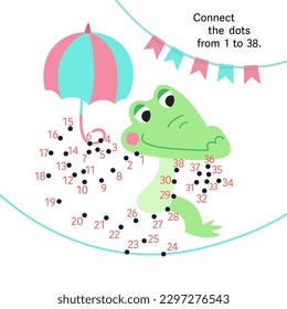 Connect dots from 1 to 38. Educational puzzle game. Math and numbers. Cute crocodile with umbrella at circus. Activity page for children. Vector illustration.