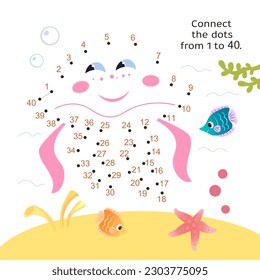 Connect the dots from 1 to 40. Educational game for kids. Cute jellyfish underwater in ocean. Activity page for children. Vector illustration. 