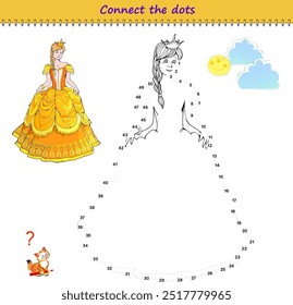 Connect the dots from 1 to 50 and draw the princess. Trace the line between numbers. Coloring book for kids. Develop counting skills. Logic puzzle game for children. Educational page. Vector image