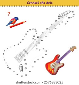 Connect the dots from 1 to 60 and draw the guitar. Trace the line between numbers. Coloring book for kids. Develop counting skills. Logic puzzle game for children. Educational page. Vector image.