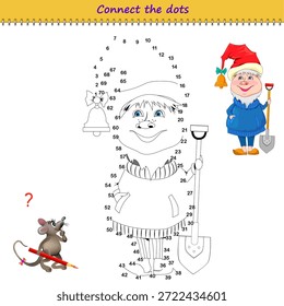 Conecta los puntos del 1 al 70 y dibuja el divertido gnomo. Traza la línea entre los números. Libro para colorear. Desarrollar habilidades de conteo. Juego de puzzle de lógica para niños. Hoja de actividades. Ilustración vectorial.