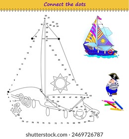 Conecta los puntos del 1 al 80 y dibuja el velero. Traza la línea entre los números. Libro para colorear para niños. Desarrollar habilidades de conteo. Juego de rompecabezas de lógica para niños. Página educativa. Vector Imagen.