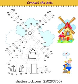 Connect the dots from 1 to 80 and draw the windmill. Trace the line between numbers. Coloring book for kids. Develop counting skills. Logic puzzle game for children. Educational page. Vector image.