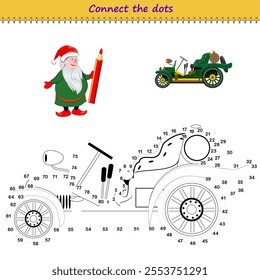 Connect the dots from 1 to 80 and draw the old auto. Trace the line between numbers. Coloring book for kids. Develop counting skills. Logic puzzle game for children. Educational page. Vector image.