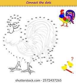 Connect the dots from 1 to 80 and draw the rooster. Trace the line between numbers. Coloring book for kids. Develop counting skills. Logic puzzle game for children. Educational page. Vector image.