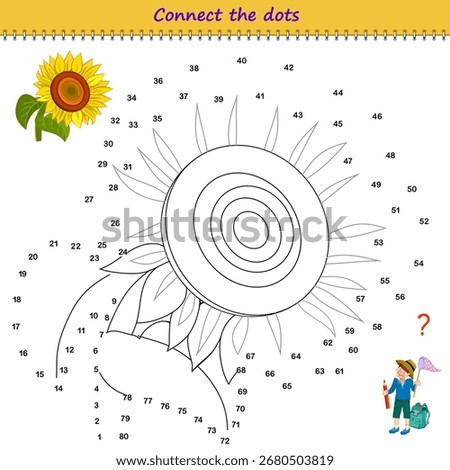 Connect the dots from 1 to 80 and draw a sunflower. Trace the line between numbers. Coloring book. Developing counting skills. Logic puzzle game for kids. Activity sheet. Flat vector illustration.