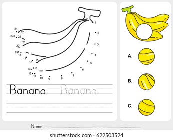Connect dots of banana and find missing photo - worksheet for education