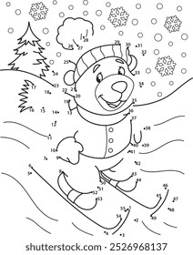 Connect the dots. Bear skiing. Coloring page outline of the cartoon numbers game. Colorful vector illustration of educational dot to dot game for preschool children, winters coloring book for kids.