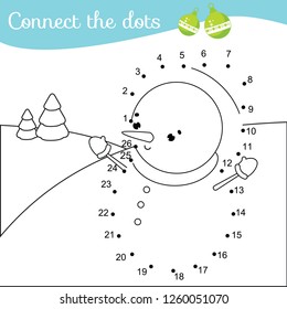 Connect the dots by numbers. Children educational game. Cute snowman. New Year and Christmas theme. Dot to dot printable activity for toddlers.