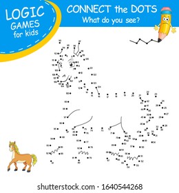 Connect the dots by numbers to draw the Horse. Dot to dot Education Game and Coloring Page with cartoon cute Horse character. Logic Games for Kids. Education card for kids learning counting number.