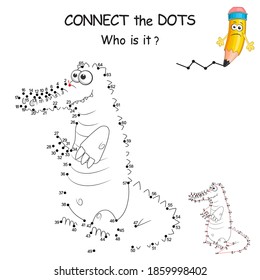 Connect the dots by numbers to draw the animal. Dot to dot Education Game and Coloring Page with cartoon cute Crocodile character. Logic Game for Kids. Education card for kid learning counting number.