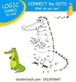 Connect the dots by numbers to draw the Alligator. Dot to dot Education Game and Coloring Page with cartoon cute Horse character. Logic Games with answer. Education card learning counting number.