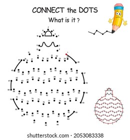 Connect the dots by numbers to draw the christmas toy. Dot to dot Education Game and Coloring Page with cartoon New Year Ball. Logic Game for Kids. Education card for kid learning counting number.