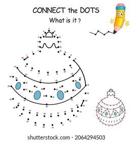 Connect the dots by numbers to draw the New Year Ball. Dot to dot Education Game and Coloring Page with cartoon christmas toy. Logic Game for Kids. Education card for kid learning counting number.